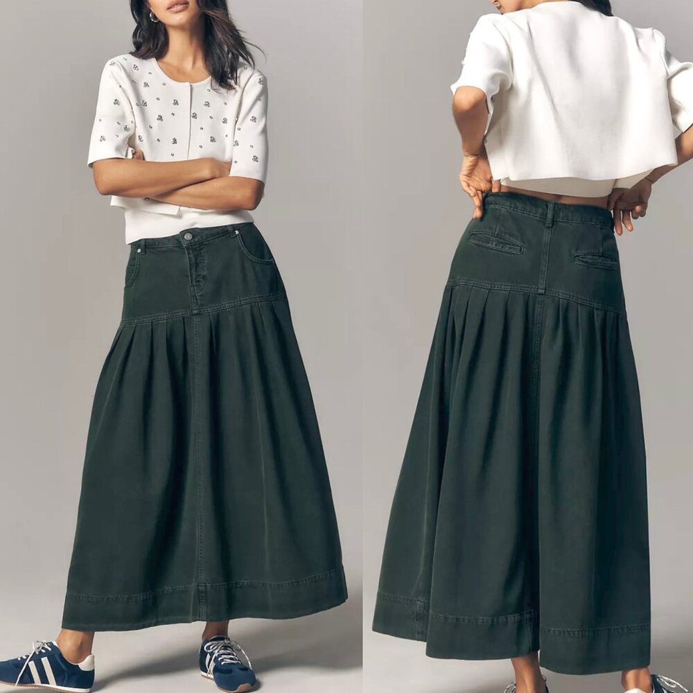 NWT Anthropologie Pilcro Pleated Basque-Waist Olive Green Denim Midi Skirt Sz 16 - Picture 14 of 14